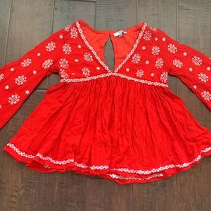 EUC Red White Fate Embroidered Boho Blouse Top Shirt Bell Sleeves XS